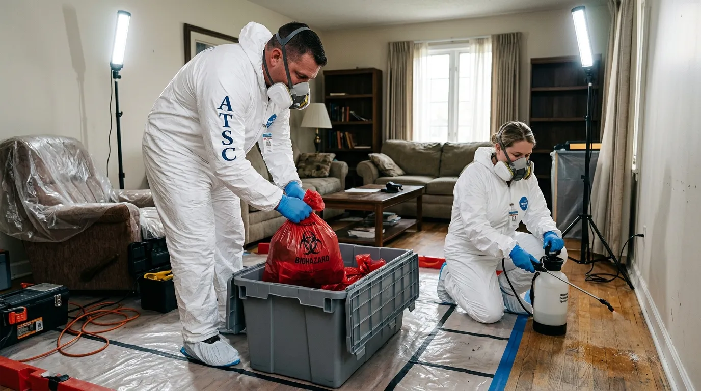 Professional Biohazard Cleanup technician in full PPE working in McKinney